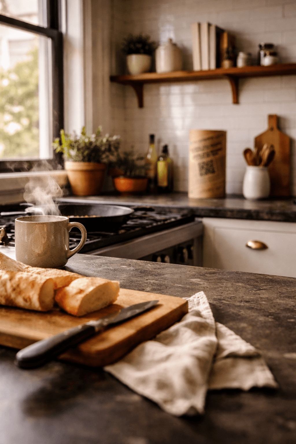 NYC apartment kitchen with everyday essentials neatly arranged